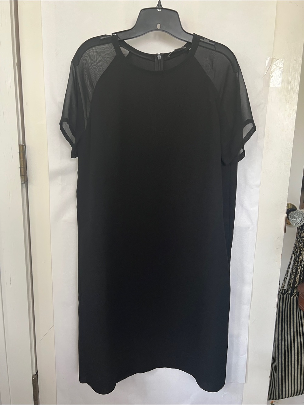 Vince Black Short-Sleeve Shift Dress with Sheer sleeves